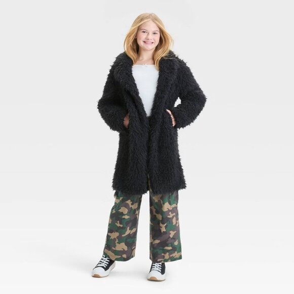 NEW Girls' Long Faux Fur Jacket - art class™ Black - Picture 1 of 8